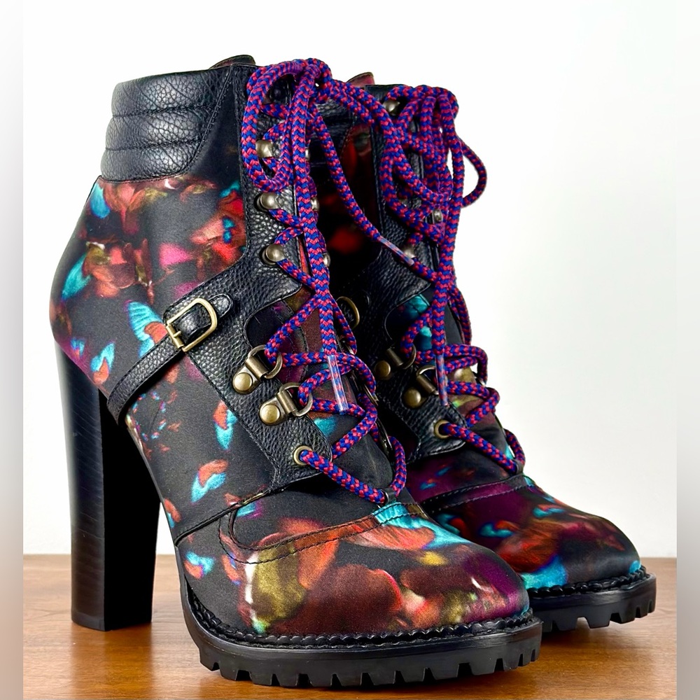 Erdem Nicholas Kirkwood Women 38 Ankle Boots Rainbow Silk Black Leather 4.5 Heel